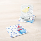 Schneemann mit Schneeflocken wieder verwendbar Rechteckiger Pappuntersetzer (Vor Ort)