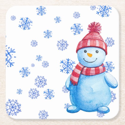 Schneemann mit Schneeflocken wieder verwendbar Rechteckiger Pappuntersetzer (Vorderseite)