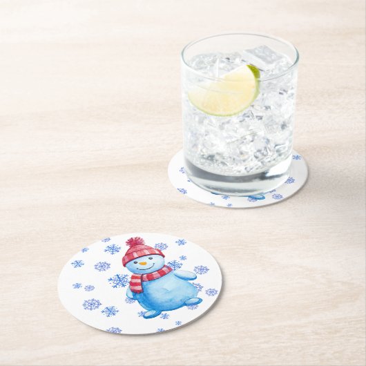 Schneemann mit Schneeflocken wieder verwendbar Runder Pappuntersetzer (Vor Ort)