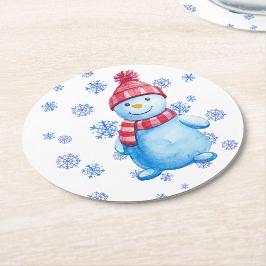 Schneemann mit Schneeflocken wieder verwendbar Runder Pappuntersetzer (Angewinkelt)