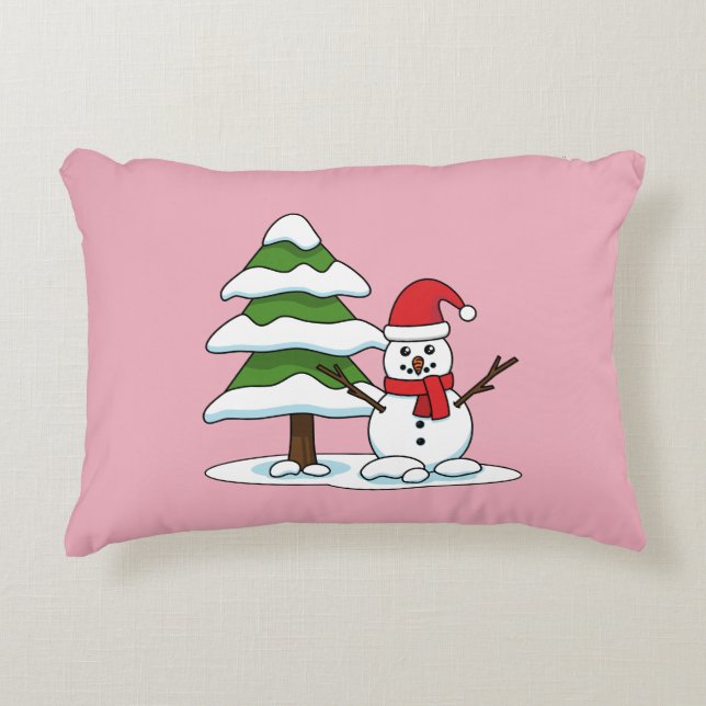 Schneemann mit Snowy Pine Tree Dekokissen (Vorderseite)