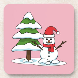 Schneemann mit Snowy Pine Tree Getränkeuntersetzer