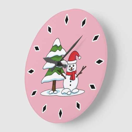Schneemann mit Snowy Pine Tree Große Wanduhr (Winkel)