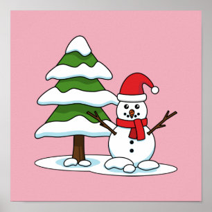 Schneemann mit Snowy Pine Tree Poster