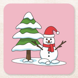 Schneemann mit Snowy Pine Tree Rechteckiger Pappuntersetzer