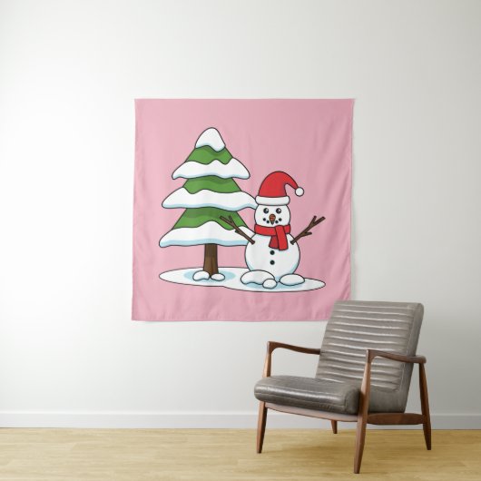 Schneemann mit Snowy Pine Tree Wandteppich (Beispiel)