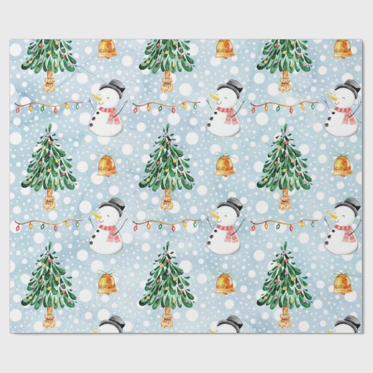 Schneemann mit Tannenbaum im Aquarellmuster Geschenkpapier (Flach)