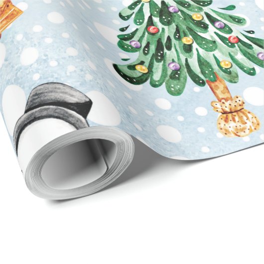 Schneemann mit Tannenbaum im Aquarellmuster Geschenkpapier (Rolleneckpunkt)