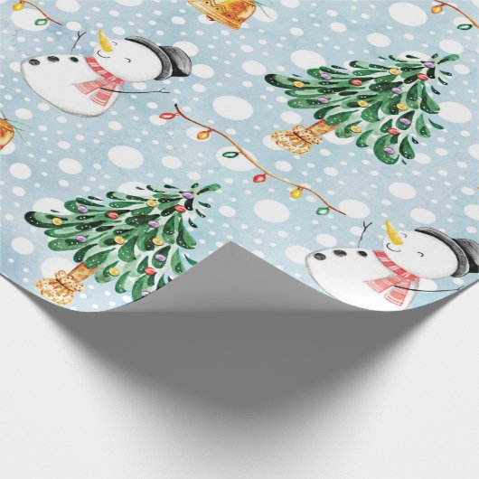 Schneemann mit Tannenbaum im Aquarellmuster Geschenkpapier (Ecke)