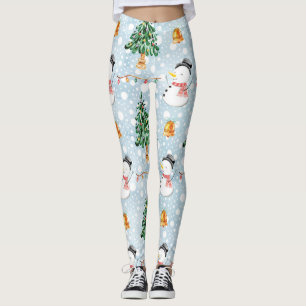 Schneemann mit Tannenbaum im Aquarellmuster Leggings