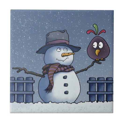 Schneemann mit Vogel Fliese (Vorderseite)