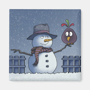 Schneemann mit Vogel Magnet