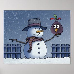 Schneemann mit Vogel Poster