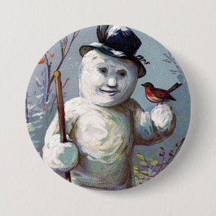 Schneemann mit Vogel und Zylinder Vintage-Knopf Button