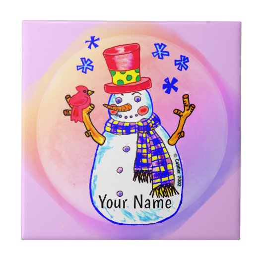 Schneemann mit Vogelfreunden Fliese (Vorderseite)