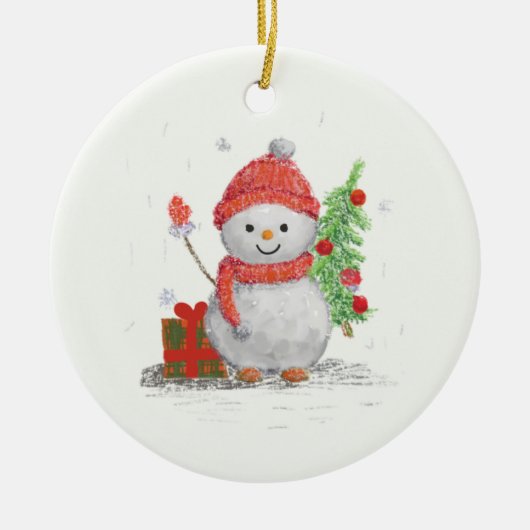 Schneemann mit Weihnachtsbaum Keramik Ornament (Vorne)
