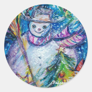 SCHNEEMANN MIT WEIHNACHTSBAUM UND SPIELWAREN RUNDER AUFKLEBER