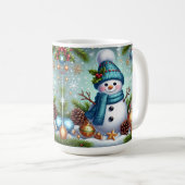 Schneemann mit Weihnachtsbaumschmuck, Schneeflocke Kaffeetasse (VorderseiteRechts)