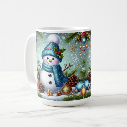 Schneemann mit Weihnachtsbaumschmuck, Schneeflocke Kaffeetasse (Vorderseite Links)
