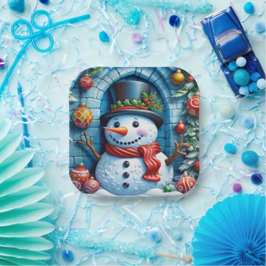 Schneemann mit Weihnachtsdeko - Pappteller (Party)