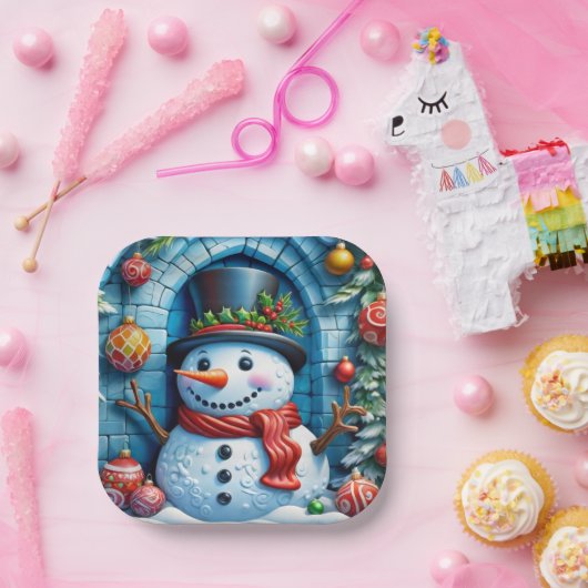 Schneemann mit Weihnachtsdeko -  Pappteller (Party)