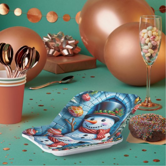 Schneemann mit Weihnachtsdeko - Pappteller (Multi)