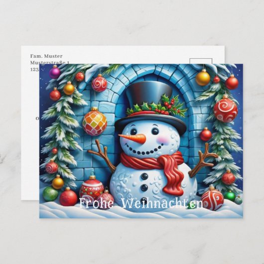 Schneemann mit Weihnachtsdeko - Postkarte (Vorne/Hinten)