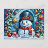 Schneemann mit Weihnachtsdeko - Postkarte (Vorderseite)
