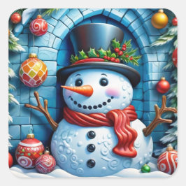 Schneemann mit Weihnachtsdeko -  Quadratischer Aufkleber