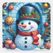 Schneemann mit Weihnachtsdeko - Quadratischer Aufkleber (Vorderseite)