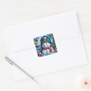 Schneemann mit Weihnachtsdeko -  Quadratischer Aufkleber