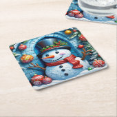 Schneemann mit Weihnachtsdeko -  Rechteckiger Pappuntersetzer (angewinkelt)