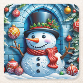 Schneemann mit Weihnachtsdeko -  Rechteckiger Pappuntersetzer