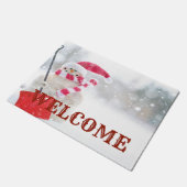 Schneemann mit Weihnachtsmannmütze, willkommen Fußmatte (Schrägansicht)