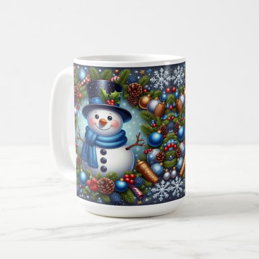 Schneemann mit Weihnachtsschmuck und Pinecones Kaffeetasse (Vorderseite Links)