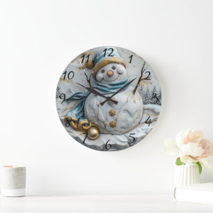 Schneemann mit Weihnachtsschrei Große Wanduhr