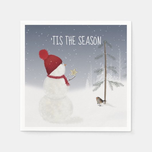 Schneemann mit Weihnachtsstern Serviette (Vorderseite)