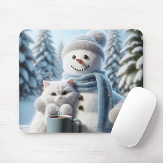 Schneemann mit weißer Katze Mousepad (Mit Mouse)