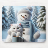 Schneemann mit weißer Katze Mousepad (Vorne)