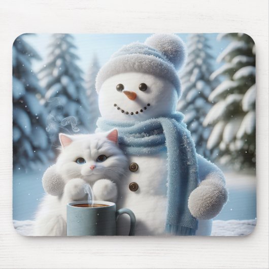 Schneemann mit weißer Katze Mousepad (Vorne)