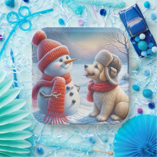 Schneemann mit Welpe Pappteller (Party)