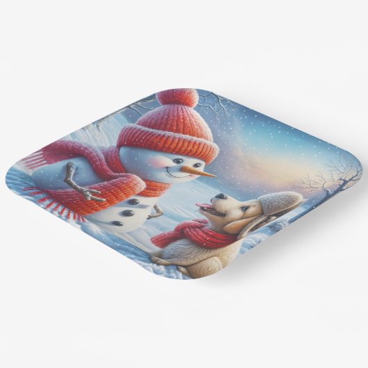 Schneemann mit Welpe Pappteller (Gewinkelt)