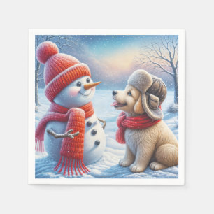 Schneemann mit Welpe Serviette