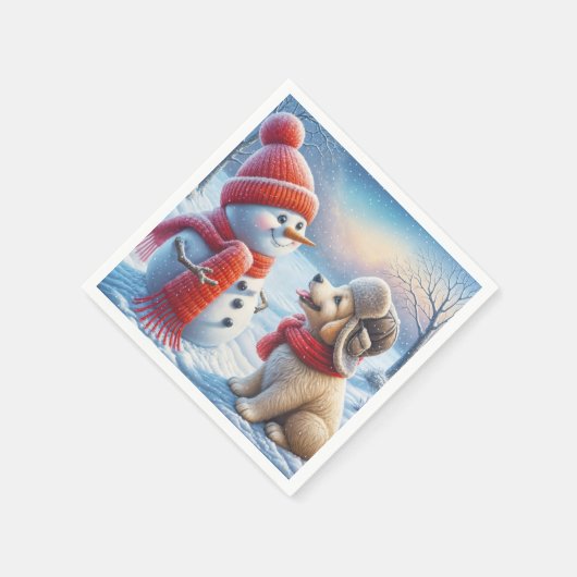 Schneemann mit Welpe Serviette (Ecke)