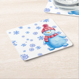 Schneemann mit wiederverwendbaren Schneeflocken Rechteckiger Pappuntersetzer