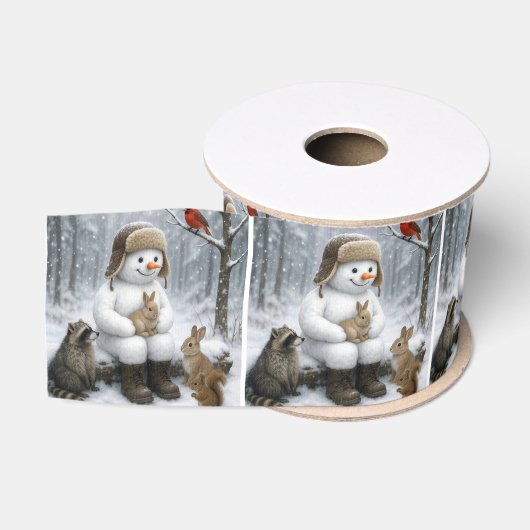Schneemann mit winterlichen Waldtieren Ripsband (Spule)