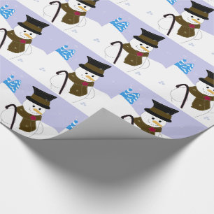Schneemann mit Zylinder und Spazierstock Geschenkpapier