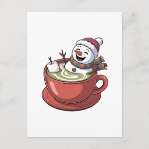 Schneemann nimmt ein Bad auf einem Matcha-Getränk Feiertagspostkarte