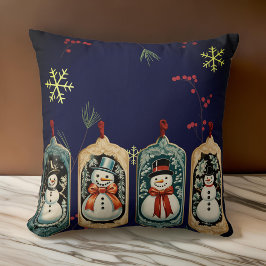 Schneemann-Ornamente und Schneeflocken Schwarz Kissen