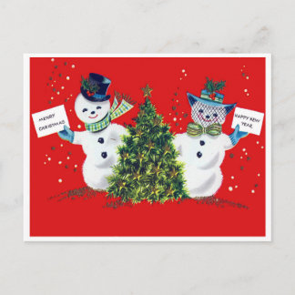 Schneemann-Paar und ein Weihnachtsbaum, vintage Postkarte